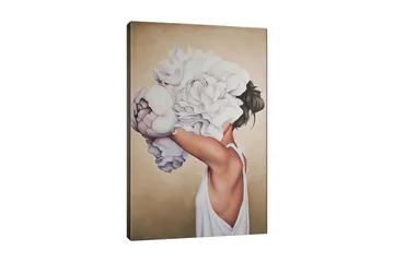 Canvastavla - Kvinnlig silhuett med stora vita blommor som döljer ansiktet - Vit / Beige / Ljusrosa - Inredning - Tavlor & posters - Canvastavla