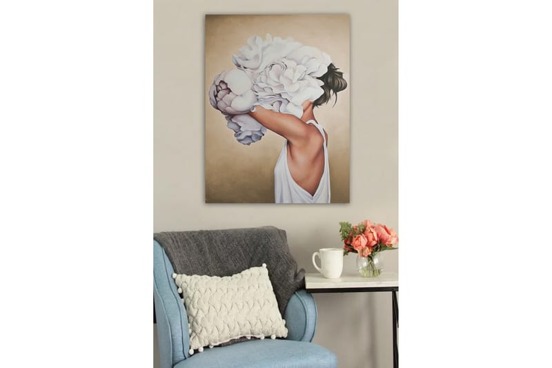 Canvastavla - Kvinnlig silhuett med stora vita blommor som döljer ansiktet - Vit / Beige / Ljusrosa - Inredning - Tavlor & posters - Canvastavla