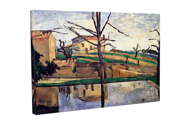 Canvastavla - Landskap med hus och spegelbild i vatten, Grön / Beige / Blå