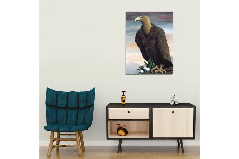 Canvastavla - Mänskligiserad örn i kostym stående på en klippa - Mörkbrun / Grön / Ljusblå - Inredning - Tavlor & posters - Canvastavla