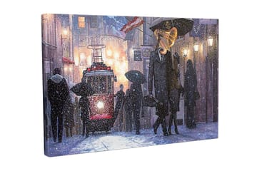 Canvastavla - Mörk stadsscen med en gammaldags spårvagn och människor med paraplyer i snöfall - M örkblå / Röd / Grå - Inredning - Tavlor & posters - Canvastavla