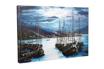 Canvastavla - Mörka segelbåtar i en stilla hamn under en dramatisk himmel - Mörkblå / Svart / Ljusblå - Inredning - Tavlor & posters - Canvastavla