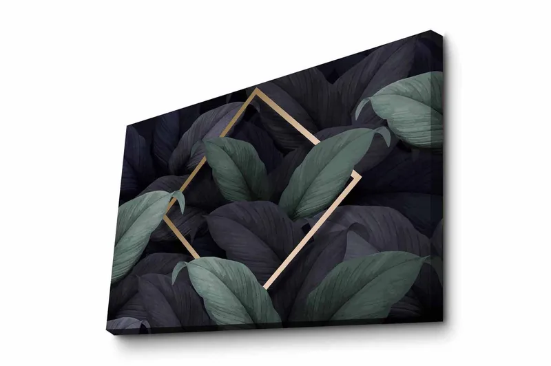 Canvastavla - Mörkgrön och svarta blad i en elegant komposition, Mörkgrön / Svart / Guld