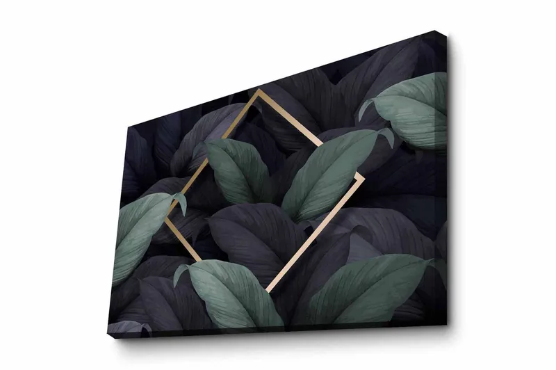 Canvastavla - Mörkgrön och svarta blad i en elegant komposition, Mörkgrön / Svart / Guld