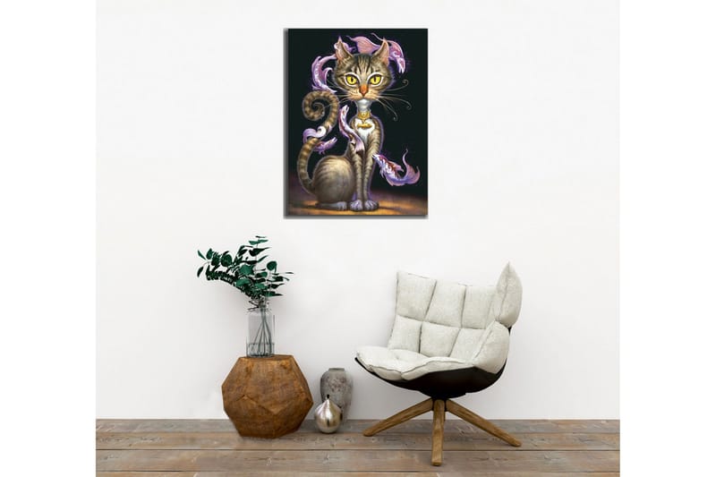 Canvastavla - Magisk katt med stora gula ögon och virvlande dekorativa fiskar runt kroppen - Svart / Lila / Brun - Inredning - Tavlor & posters - Canvastavla