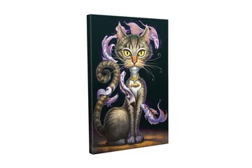 Canvastavla - Magisk katt med stora gula ögon och virvlande dekorativa fiskar runt kroppen - Svart / Lila / Brun - Inredning - Tavlor & posters - Canvastavla