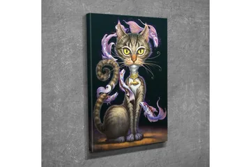 Canvastavla - Magisk katt med stora gula ögon och virvlande dekorativa fiskar runt kroppen - Svart / Lila / Brun - Inredning - Tavlor & posters - Canvastavla