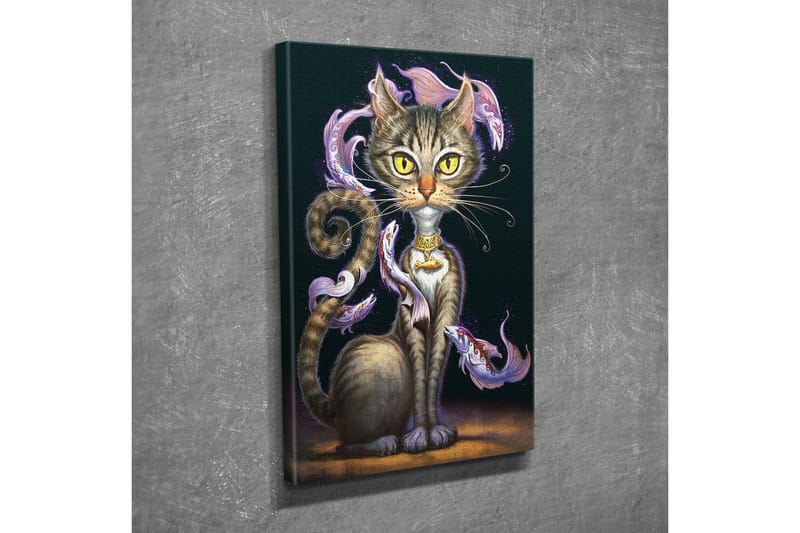 Canvastavla - Magisk katt med stora gula ögon och virvlande dekorativa fiskar runt kroppen - Svart / Lila / Brun - Inredning - Tavlor & posters - Canvastavla