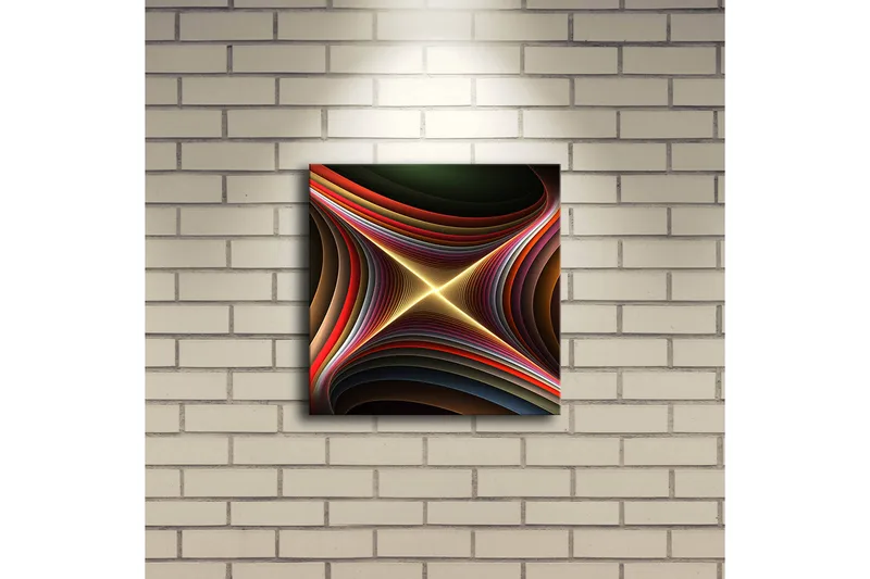 Canvastavla med LED-belysning 28x28 cm - Abstrakt komposition med böljande former och ljusa linjer - Mörkgrön / Röd / Guld - Inredning - Tavlor & posters - Canvastavla