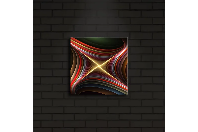 Canvastavla med LED-belysning 28x28 cm - Abstrakt komposition med böljande former och ljusa linjer - Mörkgrön / Röd / Guld - Inredning - Tavlor & posters - Canvastavla