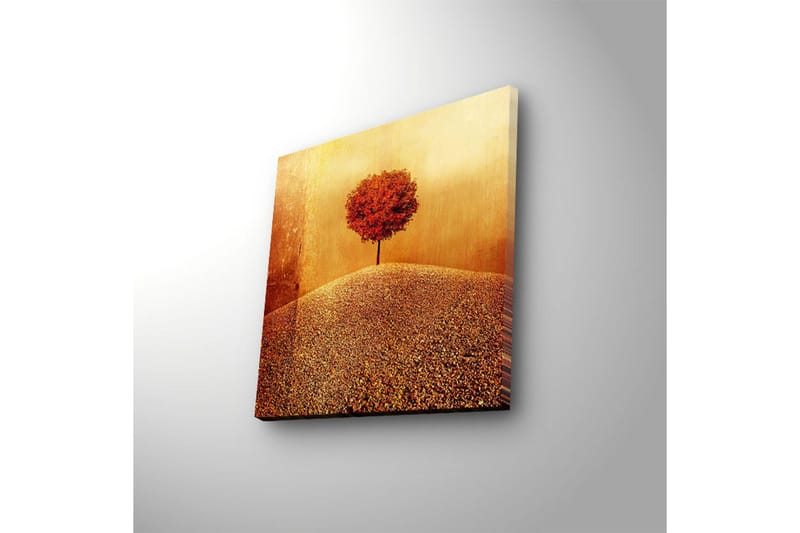 Canvastavla med LED-belysning 28x28 cm - Ensam röd träd på en gyllene kulle - Röd / Guld / Beige - Inredning - Tavlor & posters - Canvastavla