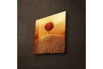 Canvastavla med LED-belysning 28x28 cm - Ensam röd träd på en gyllene kulle - Röd / Guld / Beige - Inredning - Tavlor & posters - Canvastavla