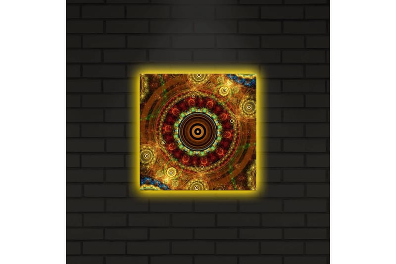 Canvastavla med LED-belysning 28x28 cm - Färgglad abstrakt komposition med cirkulära mönster - Guld / Röd / Grön - Inredning - Tavlor & posters - Canvastavla