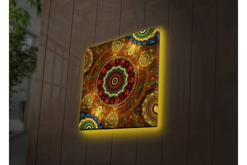 Canvastavla med LED-belysning 28x28 cm - Färgglad abstrakt komposition med cirkulära mönster - Guld / Röd / Grön - Inredning - Tavlor & posters - Canvastavla