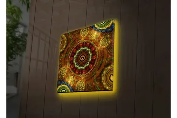 Canvastavla med LED-belysning 28x28 cm - Färgglad abstrakt komposition med cirkulära mönster - Guld / Röd / Grön - Inredning - Tavlor & posters - Canvastavla