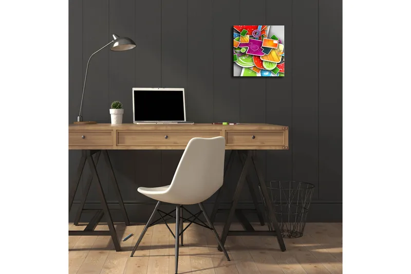 Canvastavla med LED-belysning 28x28 cm - Färgglad abstrakt komposition med geometriska former och mönster - Grön / Röd / Orange - Inredning - Tavlor & posters - Canvastavla