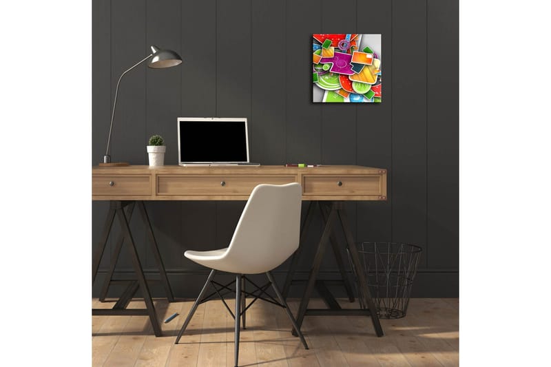 Canvastavla med LED-belysning 28x28 cm - Färgglad abstrakt komposition med geometriska former och mönster - Grön / Röd / Orange - Inredning - Tavlor & posters - Canvastavla