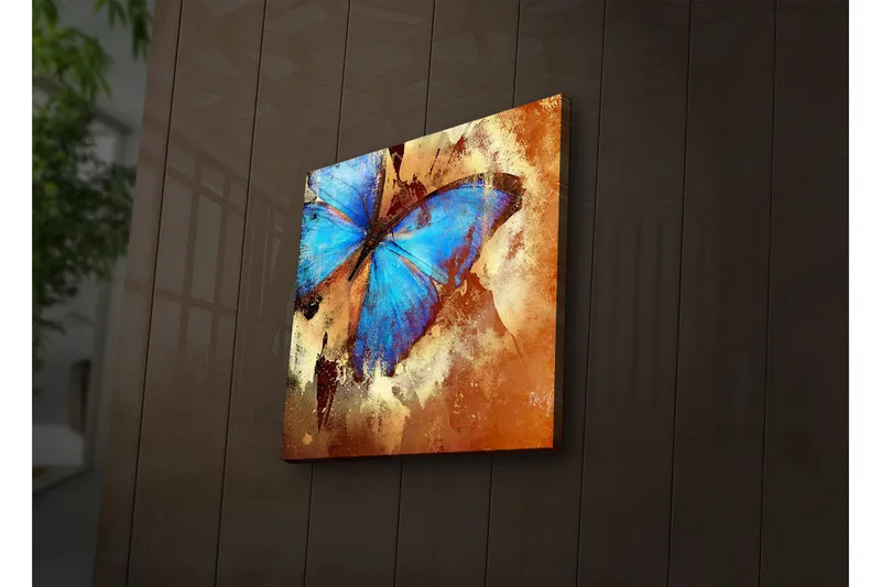 Canvastavla med LED-belysning 28x28 cm - Färgglad fjäril med blå vingar - Blå / Orange / Beige - Inredning - Tavlor & posters - Canvastavla