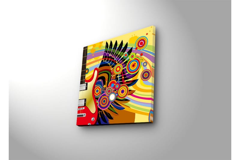 Canvastavla med LED-belysning 28x28 cm - Färgglad gitarr med abstrakta mönster och cirklar - Gul / Röd / Grön - Inredning - Tavlor & posters - Canvastavla