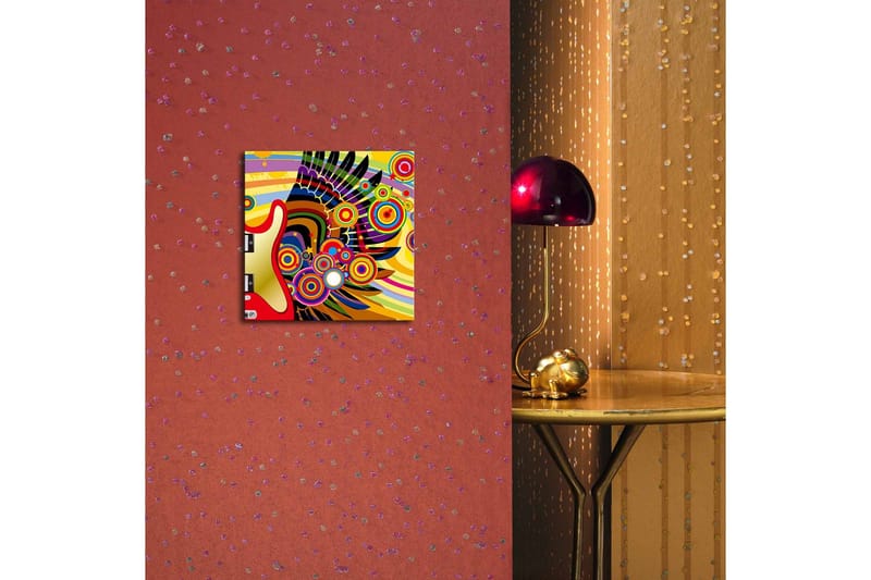 Canvastavla med LED-belysning 28x28 cm - Färgglad gitarr med abstrakta mönster och cirklar - Gul / Röd / Grön - Inredning - Tavlor & posters - Canvastavla