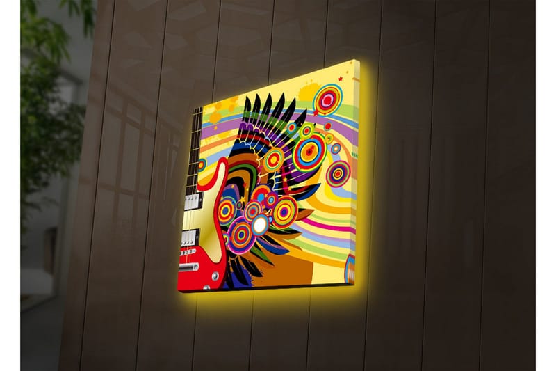 Canvastavla med LED-belysning 28x28 cm - Färgglad gitarr med abstrakta mönster och cirklar - Gul / Röd / Grön - Inredning - Tavlor & posters - Canvastavla