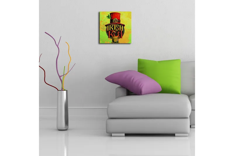 Canvastavla med LED-belysning 28x28 cm - Färgglad illustration av en irländsk hatt med text och klöverblad - Grön / Röd / Gul - Inredning - Tavlor & posters - Canvastavla