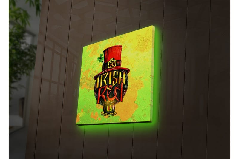 Canvastavla med LED-belysning 28x28 cm - Färgglad illustration av en irländsk hatt med text och klöverblad - Grön / Röd / Gul - Inredning - Tavlor & posters - Canvastavla