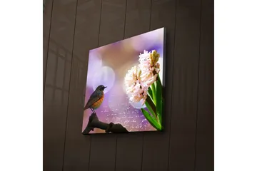 Canvastavla med LED-belysning 28x28 cm - Fågel på en gren med blommor i fokus - Rosa / Grön / Lila - Inredning - Tavlor & posters - Canvastavla