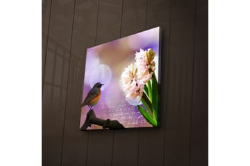 Canvastavla med LED-belysning 28x28 cm - Fågel på en gren med blommor i fokus - Rosa / Grön / Lila - Inredning - Tavlor & posters - Canvastavla