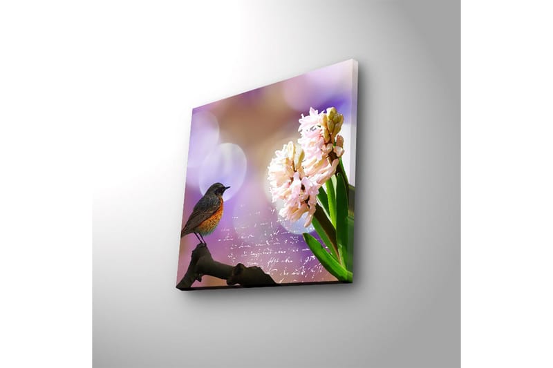 Canvastavla med LED-belysning 28x28 cm - Fågel på en gren med blommor i fokus - Rosa / Grön / Lila - Inredning - Tavlor & posters - Canvastavla