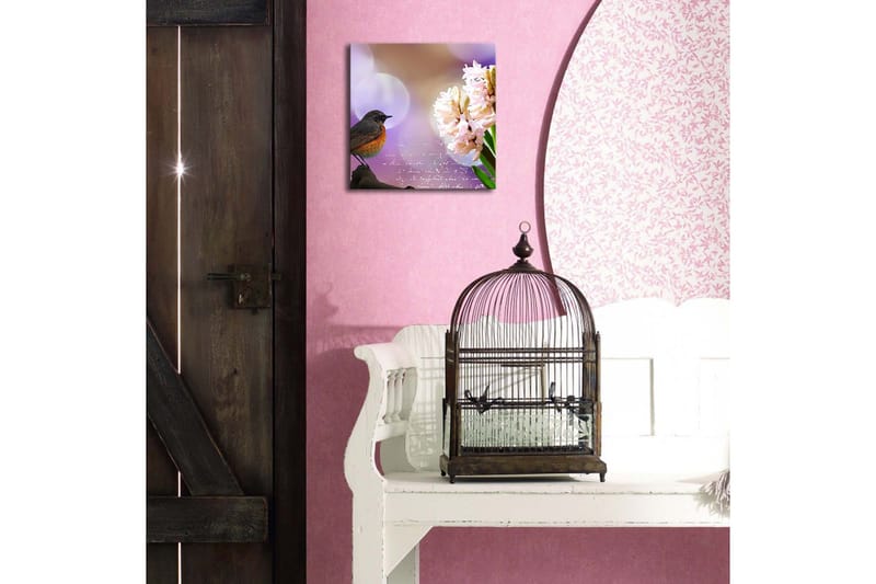 Canvastavla med LED-belysning 28x28 cm - Fågel på en gren med blommor i fokus - Rosa / Grön / Lila - Inredning - Tavlor & posters - Canvastavla