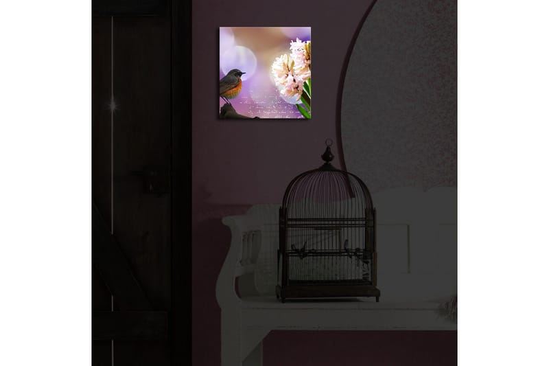 Canvastavla med LED-belysning 28x28 cm - Fågel på en gren med blommor i fokus - Rosa / Grön / Lila - Inredning - Tavlor & posters - Canvastavla
