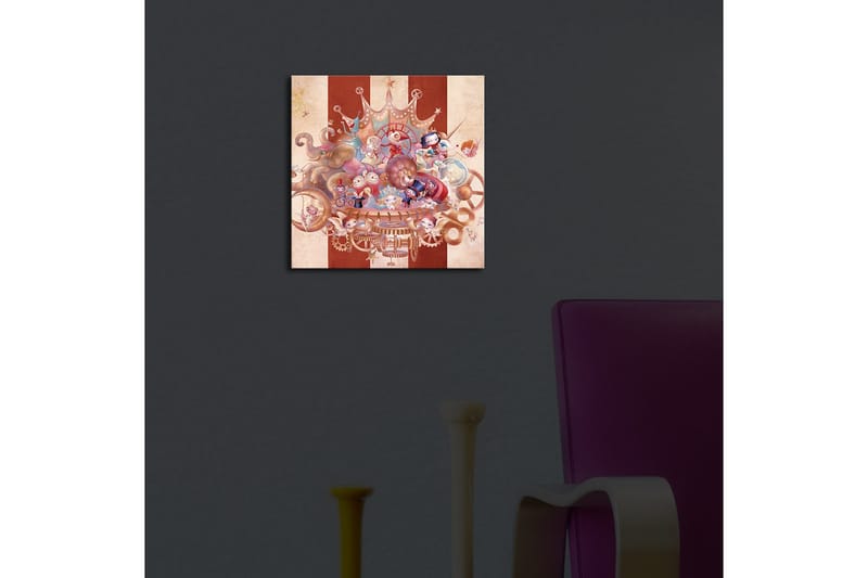 Canvastavla med LED-belysning 28x28 cm - Fantasifull komposition med lekfulla karaktärer och mekaniska detaljer - Röd / Beige / Blå - Inredning - Tavlor & posters - Canvastavla
