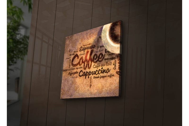 Canvastavla med LED-belysning 28x28 cm - Kaffeinspirerat konstverk med text och kaffekoppar - Brun / Beige / Svart - Inredning - Tavlor & posters - Canvastavla