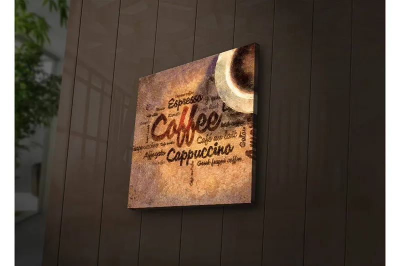 Canvastavla med LED-belysning 28x28 cm - Kaffeinspirerat konstverk med text och kaffekoppar - Brun / Beige / Svart - Inredning - Tavlor & posters - Canvastavla