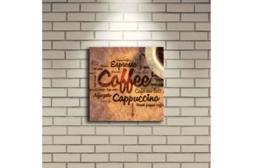 Canvastavla med LED-belysning 28x28 cm - Kaffeinspirerat konstverk med text och kaffekoppar - Brun / Beige / Svart - Inredning - Tavlor & posters - Canvastavla
