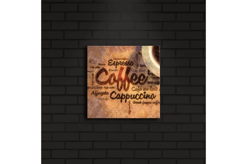 Canvastavla med LED-belysning 28x28 cm - Kaffeinspirerat konstverk med text och kaffekoppar - Brun / Beige / Svart - Inredning - Tavlor & posters - Canvastavla