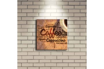 Canvastavla med LED-belysning 28x28 cm - Kaffeinspirerat konstverk med text och kaffekoppar - Brun / Beige / Svart - Inredning - Tavlor & posters - Canvastavla