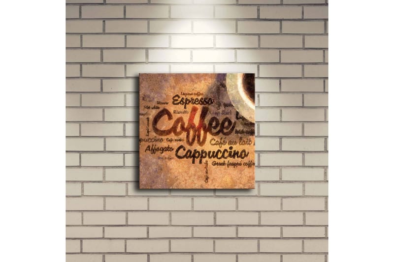 Canvastavla med LED-belysning 28x28 cm - Kaffeinspirerat konstverk med text och kaffekoppar - Brun / Beige / Svart - Inredning - Tavlor & posters - Canvastavla