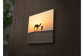Canvastavla med LED-belysning 28x28 cm - Kamel och människa i solnedgång på sanddyner - Orange / Gul / Svart - Inredning - Tavlor & posters - Canvastavla