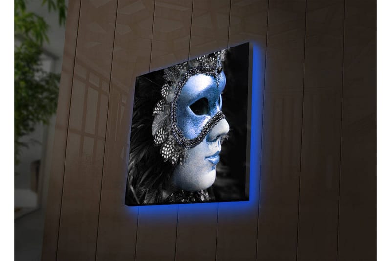 Canvastavla med LED-belysning 28x28 cm - Maskerad kvinna med en glittrande blå mask - Blå / Svart - Inredning - Tavlor & posters - Canvastavla