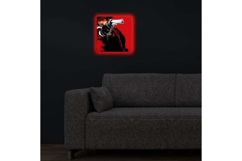 Canvastavla med LED-belysning 28x28 cm - Skarp porträtt av en revolverman med pistol i hand - Röd / Svart - Inredning - Tavlor & posters - Canvastavla