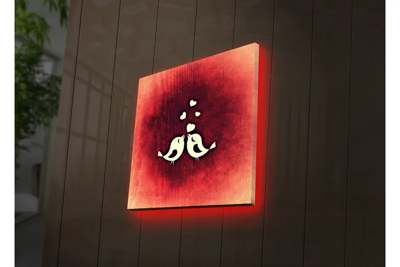 Canvastavla med LED-belysning 28x28 cm - Stiliserade fåglar i en abstrakt komposition - Röd / Vit - Inredning - Tavlor & posters - Canvastavla