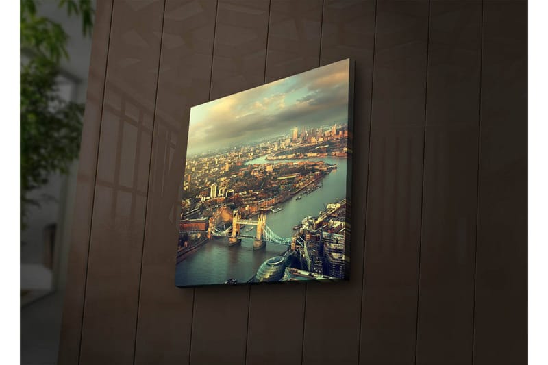 Canvastavla med LED-belysning 28x28 cm - Utsikt över en stad med en flod och broar - Grön / Blå / Beige - Inredning - Tavlor & posters - Canvastavla