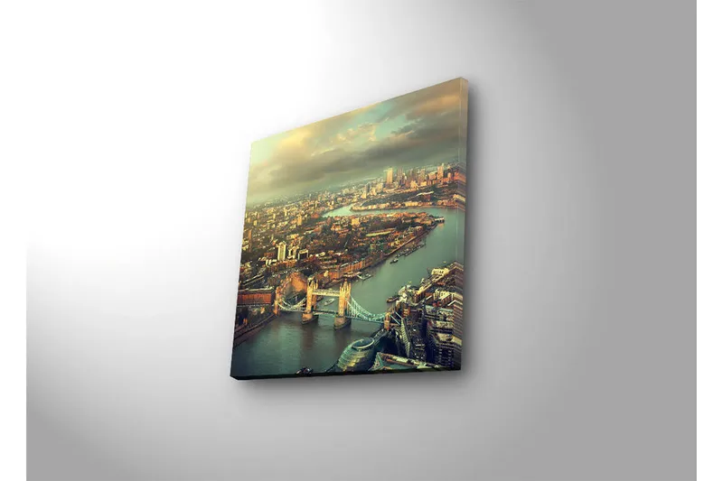 Canvastavla med LED-belysning 28x28 cm - Utsikt över en stad med en flod och broar - Grön / Blå / Beige - Inredning - Tavlor & posters - Canvastavla