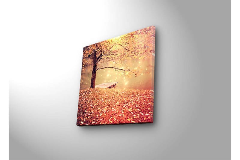 Canvastavla med LED-belysning 28x28 cm - Vacker höstscen med ett träd och en båt vid en spegelblanka sjö - Orange / Guld / Brun - Inredning - Tavlor & posters - Canvastavla
