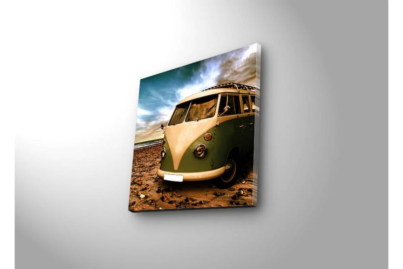 Canvastavla med LED-belysning 28x28 cm - Vintage skåpbil på stranden - Grön / Beige / Brun - Inredning - Tavlor & posters - Canvastavla