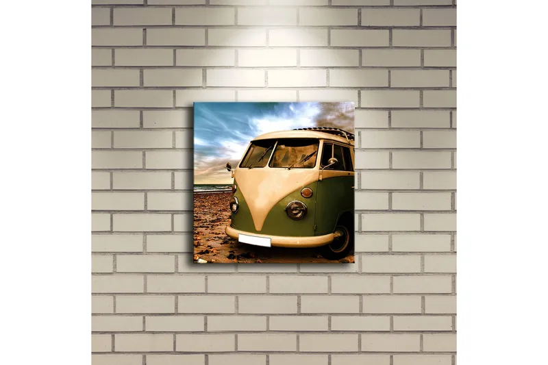 Canvastavla med LED-belysning 28x28 cm - Vintage skåpbil på stranden - Grön / Beige / Brun - Inredning - Tavlor & posters - Canvastavla