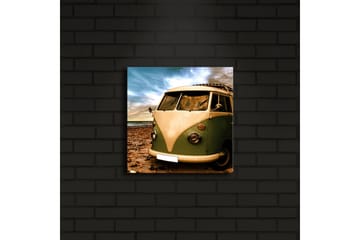 Canvastavla med LED-belysning 28x28 cm - Vintage skåpbil på stranden - Grön / Beige / Brun - Inredning - Tavlor & posters - Canvastavla