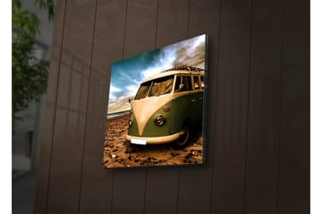 Canvastavla med LED-belysning 28x28 cm - Vintage skåpbil på stranden - Grön / Beige / Brun - Inredning - Tavlor & posters - Canvastavla